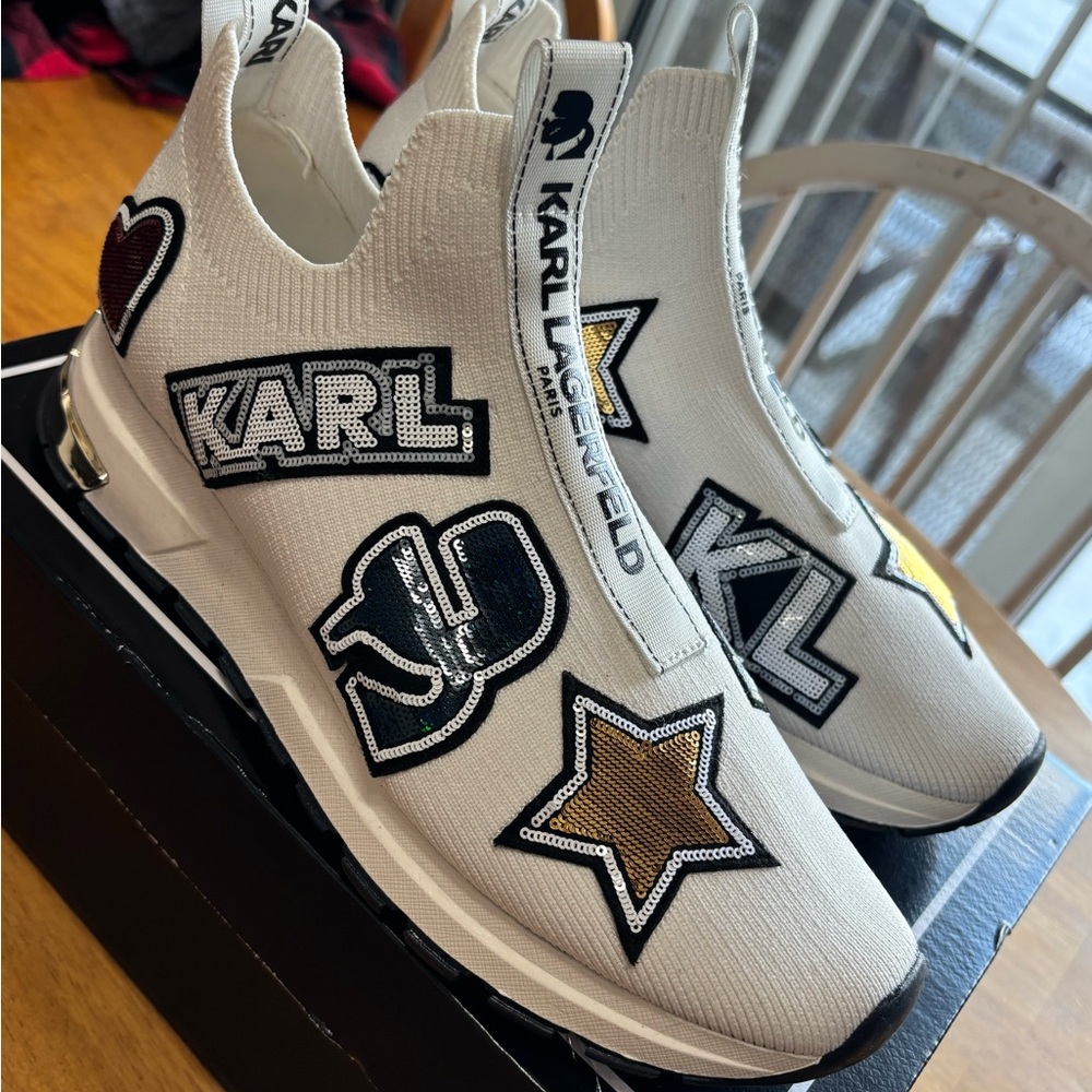 Karl Lagerfeld White and Silver Slip-On Shoes